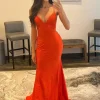 Spaghetti Straps Orange Long Prom Dress with Criss Cross Back