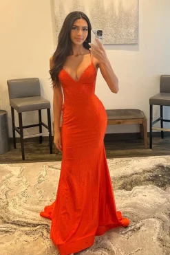 Spaghetti Straps Orange Long Prom Dress with Criss Cross Back