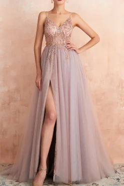 Spaghetti Straps Pink Long Prom Dress With Slit