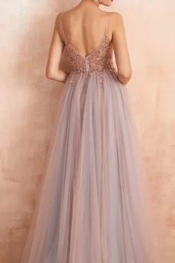 Spaghetti Straps Pink Long Prom Dress With Slit