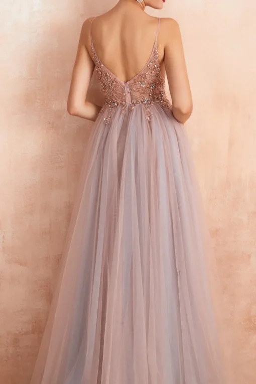 Spaghetti Straps Pink Long Prom Dress With Slit