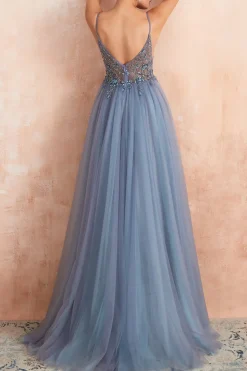 Spaghetti Straps Pink Long Prom Dress With Slit