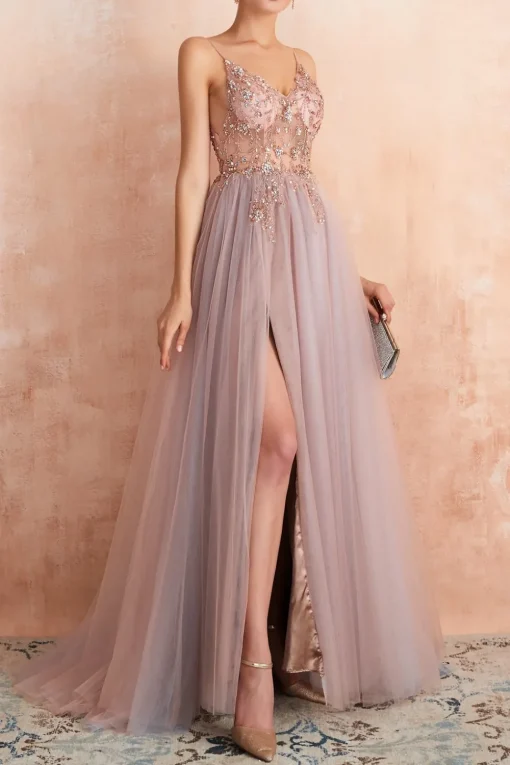 Spaghetti Straps Pink Long Prom Dress With Slit
