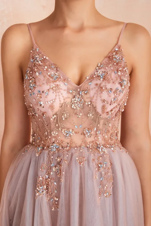 Spaghetti Straps Pink Long Prom Dress With Slit