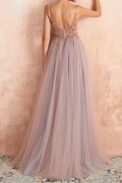 Spaghetti Straps Pink Long Prom Dress With Slit