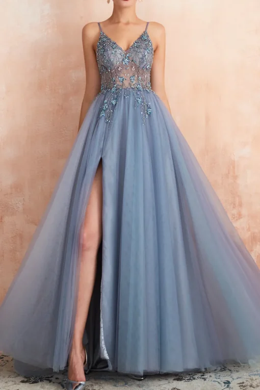 Spaghetti Straps Pink Long Prom Dress With Slit