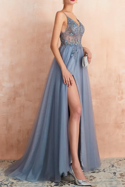 Spaghetti Straps Pink Long Prom Dress With Slit