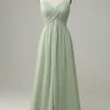 Spaghetti Straps Sleeveless Dusty Sage Bridesmaid Dress