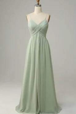 Spaghetti Straps Sleeveless Dusty Sage Bridesmaid Dress
