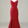 Spaghetti Straps Sleeveless Burgundy Bridesmaid Dress with Slit