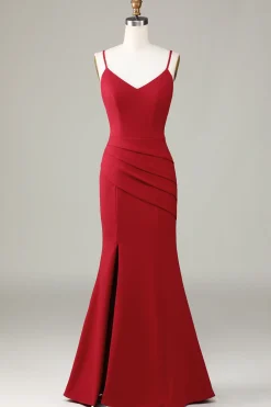 Spaghetti Straps Sleeveless Burgundy Bridesmaid Dress with Slit
