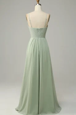 Spaghetti Straps Sleeveless Dusty Sage Bridesmaid Dress