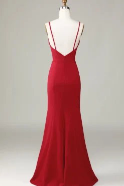 Spaghetti Straps Sleeveless Burgundy Bridesmaid Dress with Slit