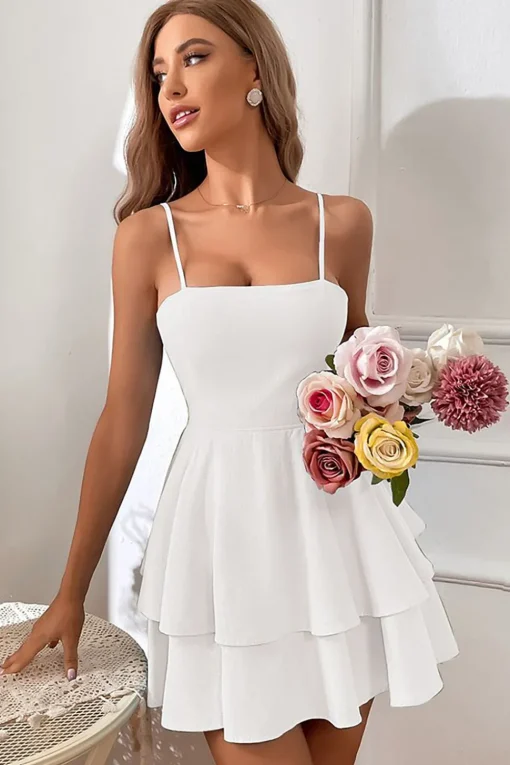 Spaghetti Straps Sleeveless White Graduation Dress