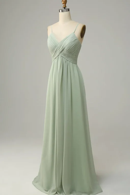 Spaghetti Straps Sleeveless Dusty Sage Bridesmaid Dress