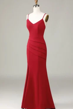 Spaghetti Straps Sleeveless Burgundy Bridesmaid Dress with Slit