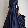 Sparkly A Line Sequin Long Sleeves Navy Long Mother of The Bride Dress