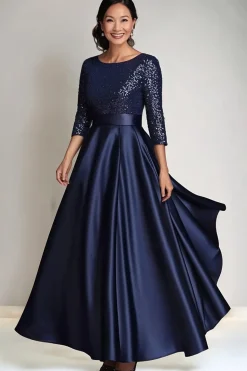 Sparkly A Line Sequin Long Sleeves Navy Long Mother of The Bride Dress