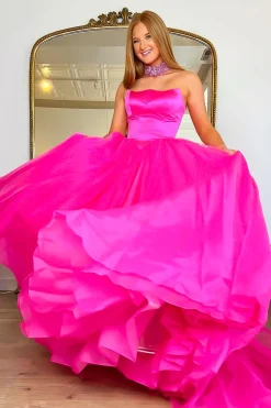 Sparkly A Line Strapless Hot Pink Long Prom Dress