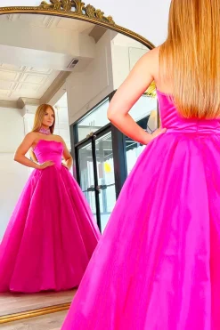 Sparkly A Line Strapless Hot Pink Long Prom Dress