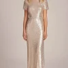 Sparkly Apricot Sheath Sequins Short Sleeves Long Mother of the Bride Dress