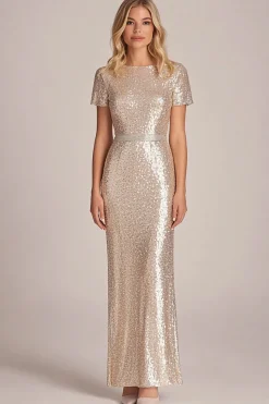 Sparkly Apricot Sheath Sequins Short Sleeves Long Mother of the Bride Dress