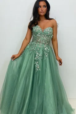 Sparkly Beaded Appliques Sage Corset A Line Strapless Prom Dress