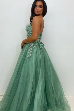 Sparkly Beaded Appliques Sage Corset A Line Strapless Prom Dress