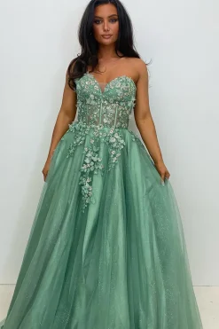Sparkly Beaded Appliques Sage Corset A Line Strapless Prom Dress