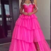Sparkly Beaded Fuchsia Tiered Corset Prom Dress with Slit