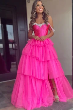 Sparkly Beaded Fuchsia Tiered Corset Prom Dress with Slit