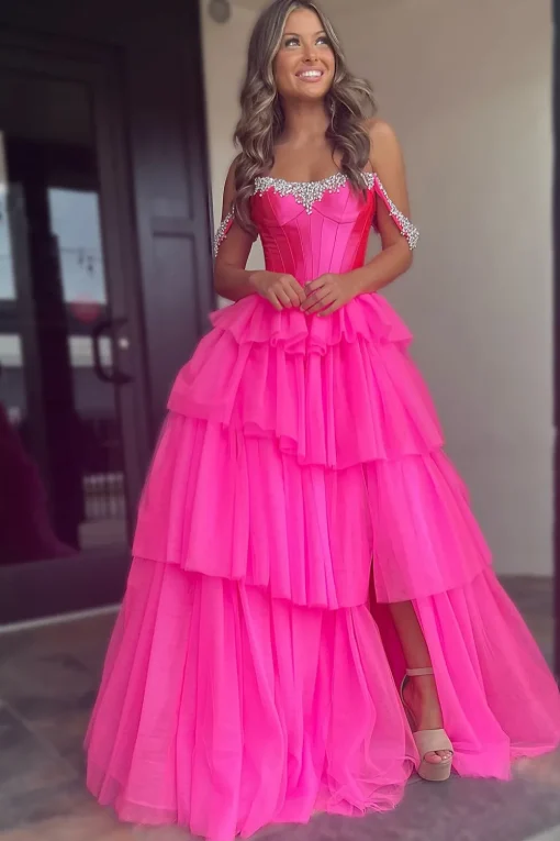 Sparkly Beaded Fuchsia Tiered Corset Prom Dress with Slit