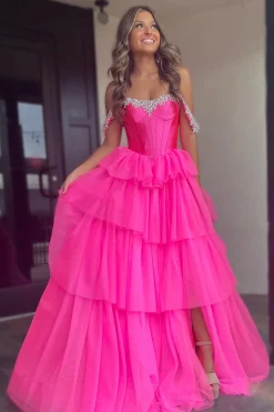 Sparkly Beaded Fuchsia Tiered Corset Prom Dress with Slit