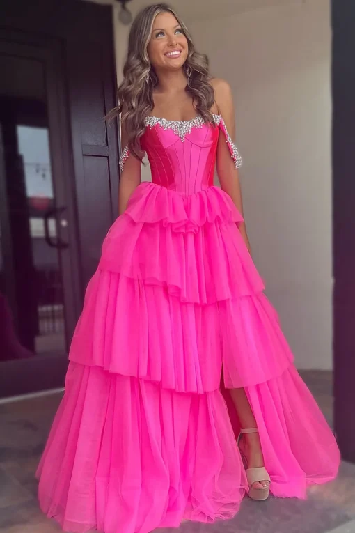 Sparkly Beaded Fuchsia Tiered Corset Prom Dress with Slit