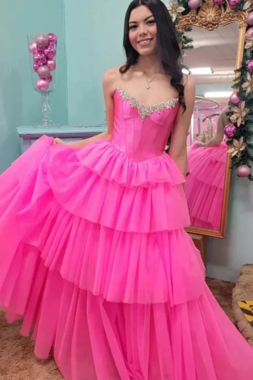 Sparkly Beaded Fuchsia Tiered Corset Prom Dress with Slit