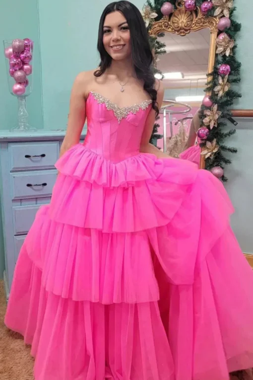 Sparkly Beaded Fuchsia Tiered Corset Prom Dress with Slit
