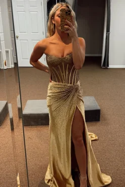 Sparkly Beaded Golden Corset Strapless Long Prom Dress with Slit