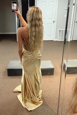 Sparkly Beaded Golden Corset Strapless Long Prom Dress with Slit