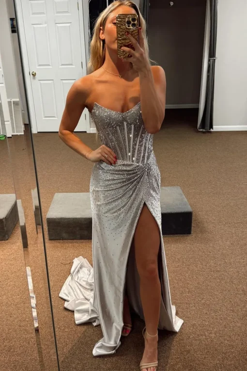 Sparkly Beaded Golden Corset Strapless Long Prom Dress with Slit