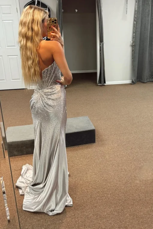 Sparkly Beaded Golden Corset Strapless Long Prom Dress with Slit