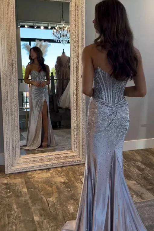 Sparkly Beaded Golden Corset Strapless Long Prom Dress with Slit