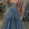 Sparkly Beaded Grey Blue Corset Spaghetti Straps Long Prom Dress