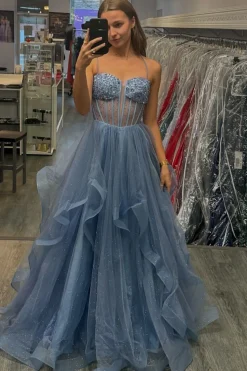 Sparkly Beaded Grey Blue Corset Spaghetti Straps Long Prom Dress