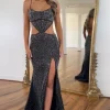 Sparkly Beaded Hollow Out Black Prom Dress with Slit