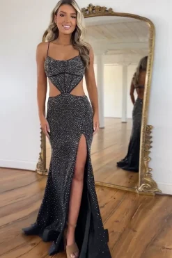 Sparkly Beaded Hollow Out Black Prom Dress with Slit