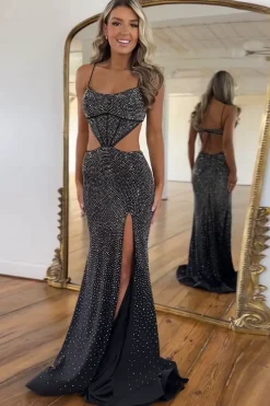 Sparkly Beaded Hollow Out Black Prom Dress with Slit