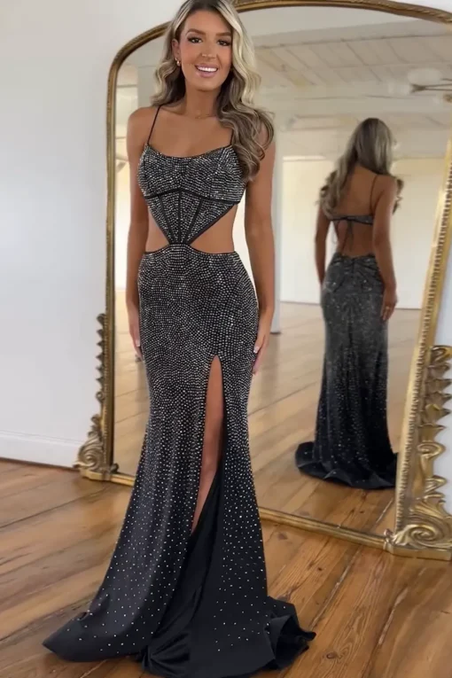 Sparkly Beaded Hollow Out Black Prom Dress with Slit