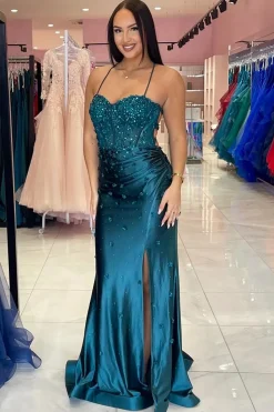 Sparkly Beaded Peacock Blue Corset Mermaid Prom Dress