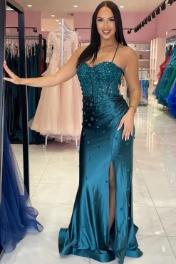 Sparkly Beaded Peacock Blue Corset Mermaid Prom Dress