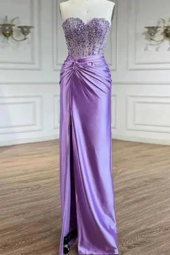 Sparkly Beaded Purple Corset Mermaid Strapless Prom Dress with Slit
